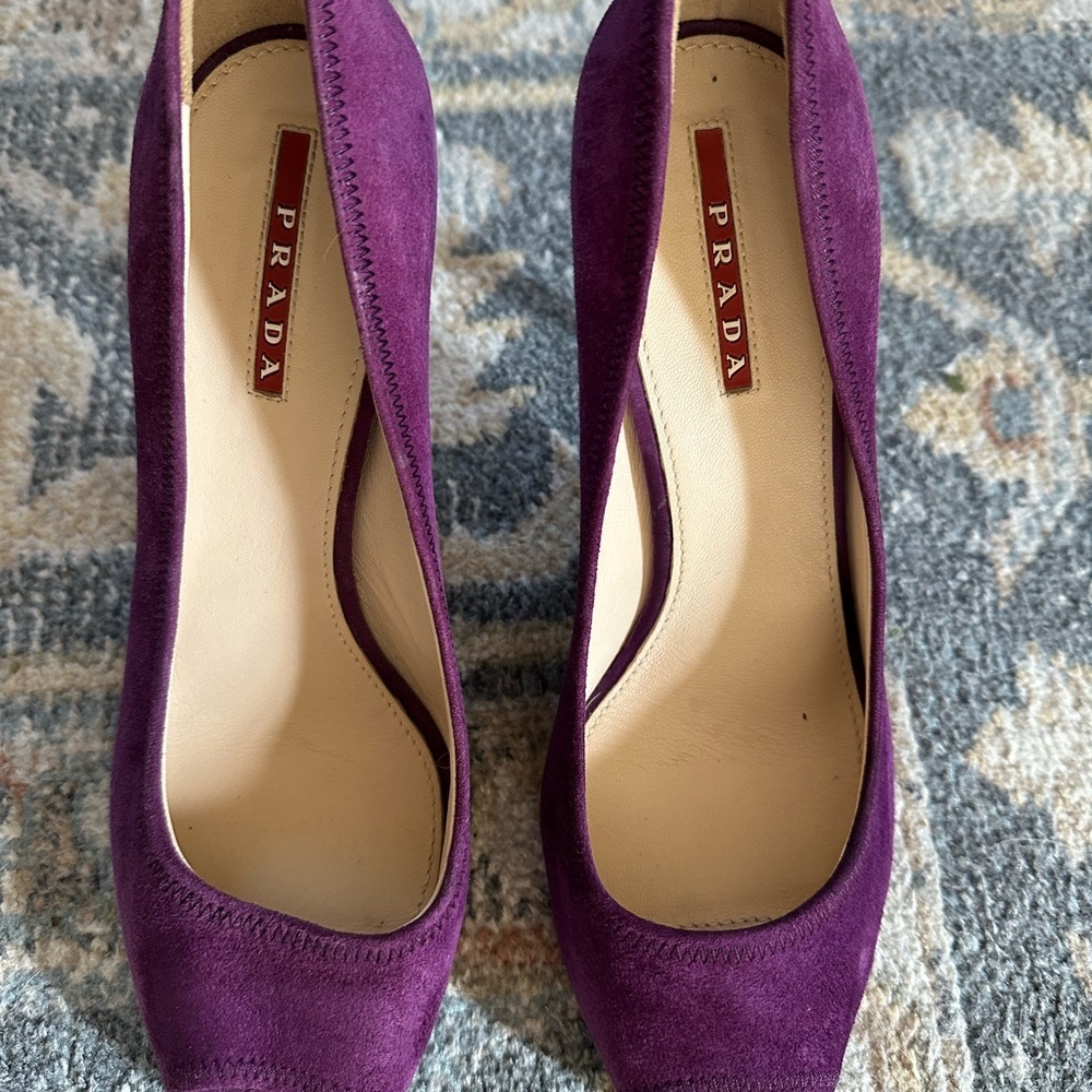 Sz 37 1/2 Prada Women's Purple Peep Toe Heels - Picture 2 of 11